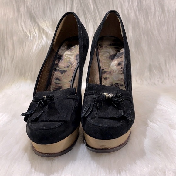 NWT Sam Edelman Black Leather Loafer Tassels & Wood Wedge Platform - Picture 2 of 16